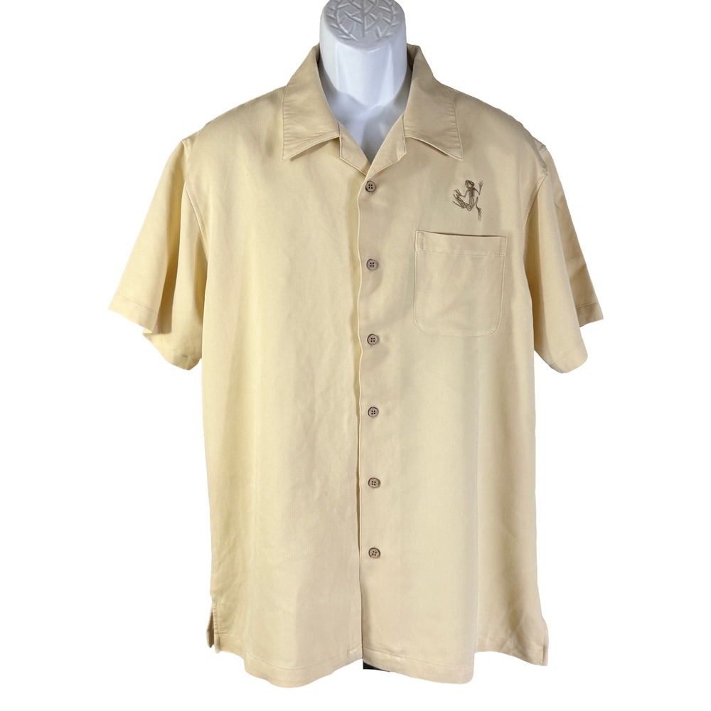 Harriton Button Down Shirt Men Large Cream Skeleton Frog Embroidered Rayon Blend